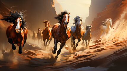Wild Mustang Horses Galloping Desert Canyon Herd Running Animals Freedom