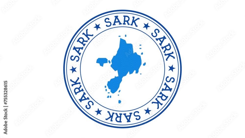 Poster sark intro. badge with the circular name and map of island. sark round logo animation.