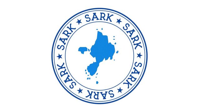 Sark intro. Badge with the circular name and map of island. Sark round logo animation.