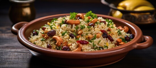 Fototapeta premium A brown bowl filled with Turkish ic pilav, a savory dish made with rice, pine nuts, and currants, creating a rich and aromatic blend of flavors and textures.
