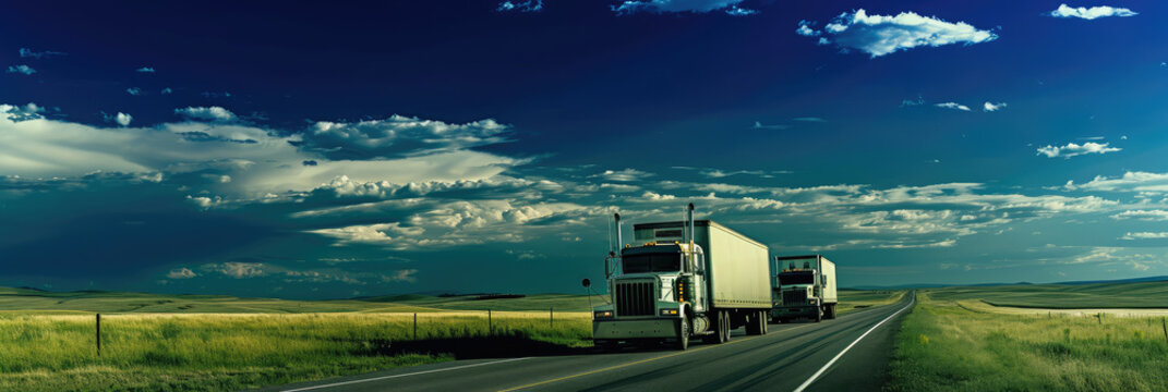 Semi Trucks Driving on Open Highway at Dusk