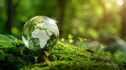Obraz na płótnie Canvas Environment, society and governance Environment . Green Globe In Forest With Moss And Defocused Abstract Sunlight icons energy sources for renewable, sustainable development. Ecology concept.