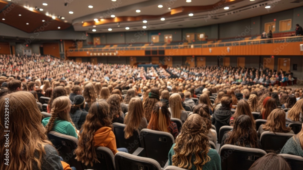 Poster a view from the back of an auditorium showing rows upon rows of students listening attentively to a 
