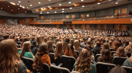 A view from the back of an auditorium showing rows upon rows of students listening attentively to a guest speakers presentation.