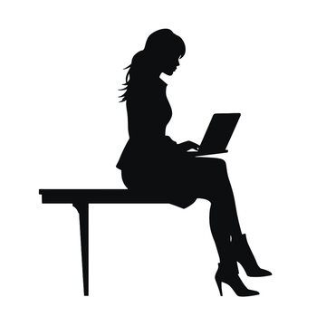 Vector silhouette of Girl sitting  with a laptop. silhouette vector illustration.