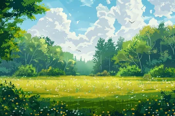 Rolgordijnen watercolor landscape with grass © Adeel  Hayat Khan