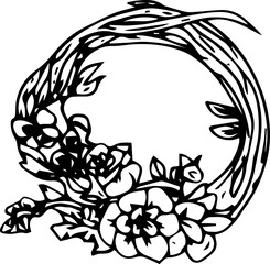 Hand drawn flower wreath illustration on transparent background.