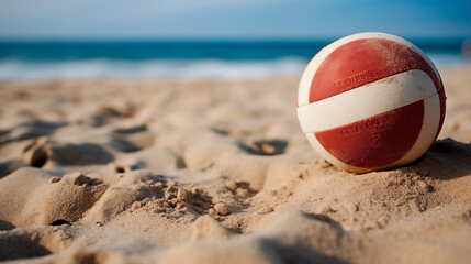 Beach Volleyball Ball on Sandy Shore with Sunny Background