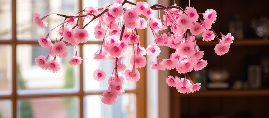A branch inside a room with pink flowers hanging on it in front of a window. The flowers are in full bloom, adding a touch of color and nature to the indoor space.