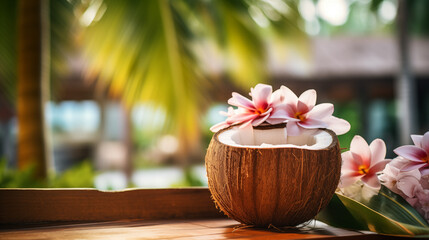 Coconut Drink with Frangipani on Tropical Beach