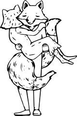 Hand drawn fox couple cartoon illustration on transparent background.