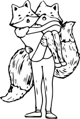 Hand drawn fox couple cartoon illustration on transparent background.