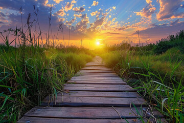 Beautiful sunset with a wooden walkway