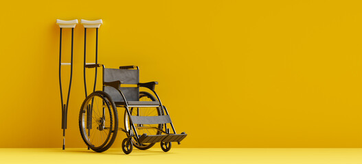 Copy space background of crutches and wheelchair. 3d rendering