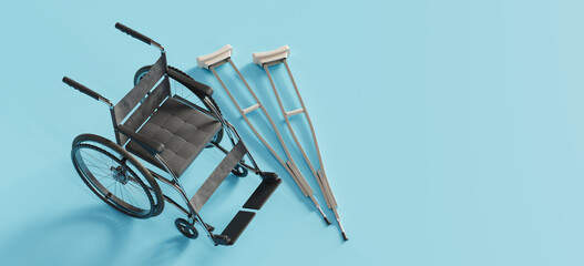 Copy space background of crutches and wheelchair. 3d rendering