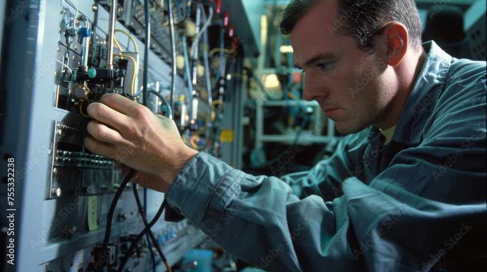 Poster a maintenance crew inspecting the complex wiring and computer systems of a nuclear medicine machine 