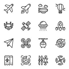 Aircraft Related Vector Line Icons set. satellite, ticket, jet, wing, stroke, lined, plane, engine, flight, fly, flying, outline, vehicle, journey, commercial, passenger, graphic, spaceship