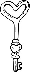 Hand drawn heart key illustration on transparent background.

