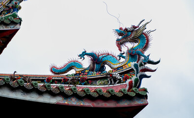 Ornate dragon figurine atop the landmark Longshan Buddhist Temple in Taipei
