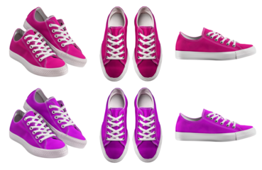 2 Set of plain magenta purple pink sneaker lace up sport-shoe sports shoe front, top side view on transparent background cutout, PNG file. Different angle Mockup template for artwork graphic design