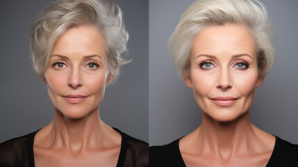 Portrait of a middle-aged woman before and after makeup - obrazy, fototapety, plakaty