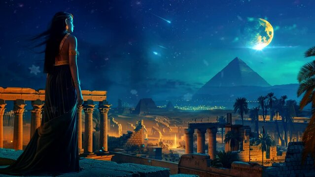 Stars of the Nile: Cleopatra's Reign Illuminated by Ancient Egypt's Night Sky. Seamless looping time-lapse virtual 4k video animation background