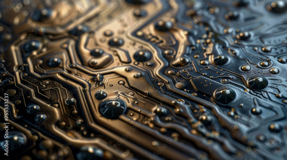 Poster closeup of a 3d printed circuit board made from a conductive material. the precision and intricacy o