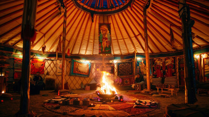 A traditional yurt adorned with woven tapestries and paintings depicting nature and spiritual symbols. Inside a fire crackles in the center providing warmth and a sense of