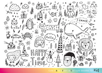 Collection of hand drawn cute doodles,Doodle children drawing,Sketch set of drawings in child style,Funny Doodle Hand Drawn,Page for coloring, cute animal
