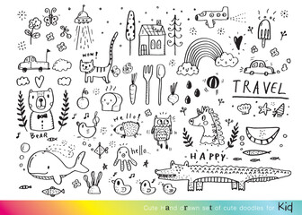 Collection of hand drawn cute doodles,Doodle children drawing,Sketch set of drawings in child style,Funny Doodle Hand Drawn,Page for coloring, cute animal