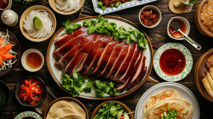 A platter of crispy and juicy Peking duck served with steamed pancakes and hoisin sauce is a musthave dish for many Chinese families during the New Year representing abundance - obrazy, fototapety, plakaty
