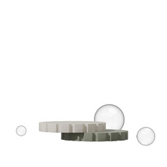3d rendering transparent background of beige and green ceramic podium in square with bubbles
