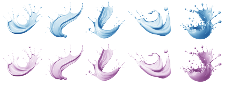 2 Set of pastel light blue purple cream liquid paint ink splash swirl wave on transparent background cutout, PNG file. Many assorted different design. Mockup template for artwork graphic design