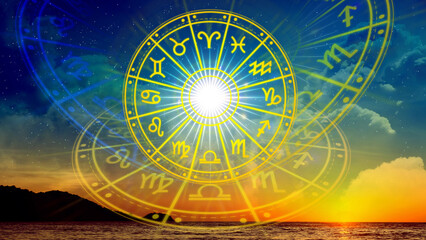 Concept of astrology and horoscope, person inside a zodiac sign wheel, Astrological zodiac signs inside of horoscope circle, Astrology, knowledge of stars in the sky, power of the universe concept.
