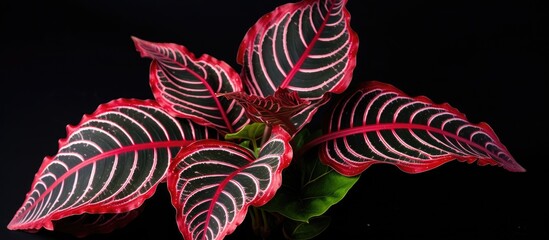 Fototapeta na wymiar A detailed view of the leaf of an exotic Maranta Leuconeura Fascinator plant, showcasing vibrant red stripes against a black background. The intricate patterns and textures of the plant are
