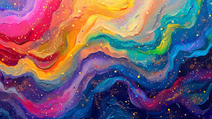 Fluidic waves of vibrant colors adorned with shimmering specks of glitter, evoking a sense of...