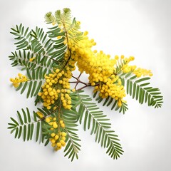 Mimosa branch, flowers and leaves, Acacia dealbata, isolated on white, top view 