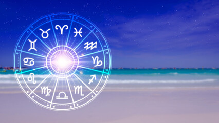 Concept of astrology and horoscope, person inside a zodiac sign wheel, Astrological zodiac signs...