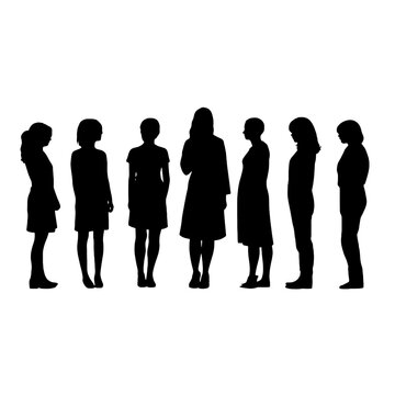 Vector silhouettes of  a women, a group of standing and walking business people, black color isolated on white background