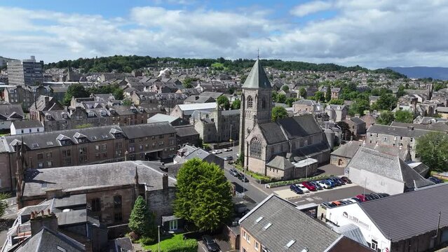 Drone Shot of Seagull Birds Flying Above Downtown Greenock Scotland UK, Old Churches and Buildings on Sunny Day 60fps