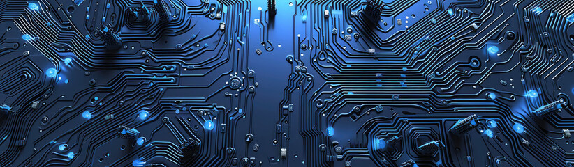 Blue Technology Circuit Board Background Panorama - obrazy, fototapety, plakaty