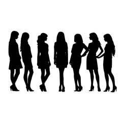 Vector silhouettes of  a women, a group of standing and walking business people, black color isolated on white background