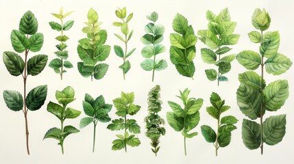 Leaves, flowers, plants, botany, beautiful, watercolor, white background.