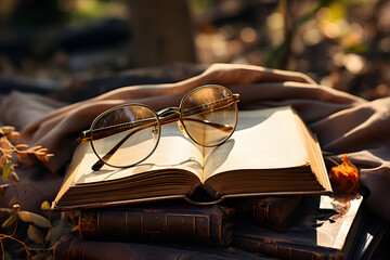 glasses in portrait on a book with sun