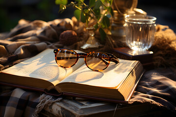 glasses with shadow on a bookshelf and sun