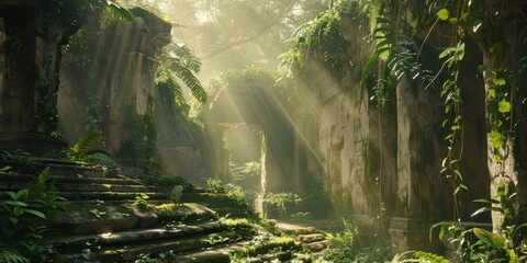 Ancient Library Hidden in the Jungle Background - Ancient library hidden within the depths of a lush jungle, its stone structures covered in moss and ivy created with Generative AI Technology - obrazy, fototapety, plakaty