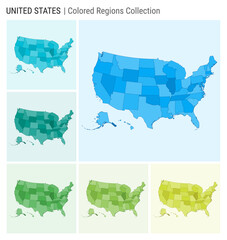 USA map collection. Country shape with colored regions. Light Blue, Cyan, Teal, Green, Light Green, Lime color palettes. Border of USA with provinces for your infographic. Vector illustration. - obrazy, fototapety, plakaty