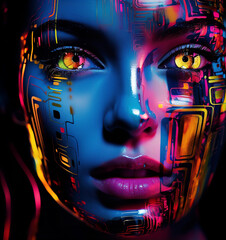 adult beautiful face fashion female art abstract background red black blue colourful fantasy creative dark disco fluorescent girl glow glowing green light constructed make-up model neon paint
- 755337470