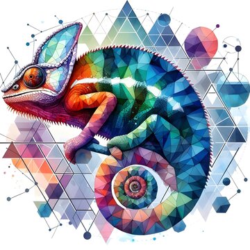 Watercolor chameleon, white background.