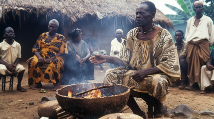 A solemn and serene atmosphere pervades a traditional African healing ceremony with a healer surrounded by chanting and drumming as he works to remove negative energy from - obrazy, fototapety, plakaty
